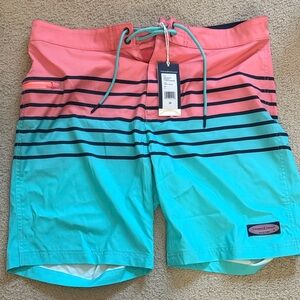 Vineyard Vines Coral and Teal 9”Striped Board Shorts NIB